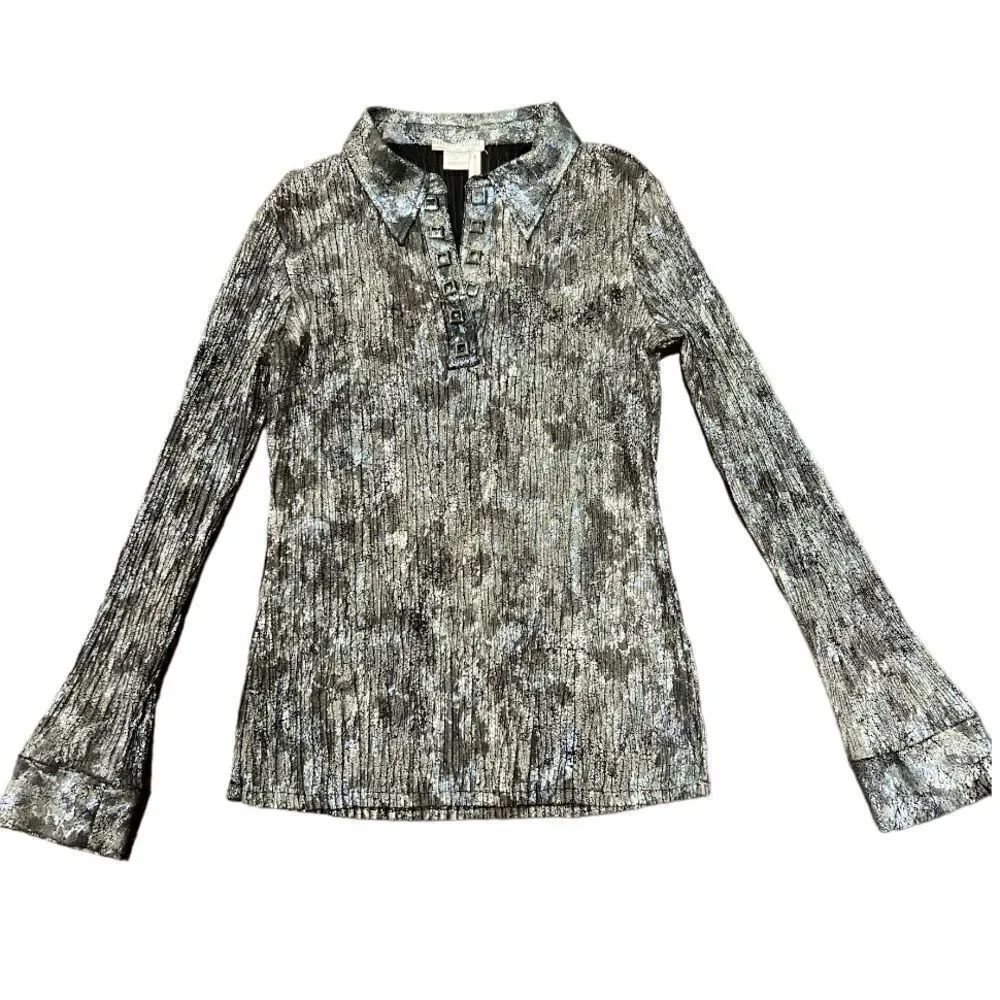 ALBERTO MAKALI Women’s Grommet Detail Long Sleeve Crinkle Top Black/Silver Large